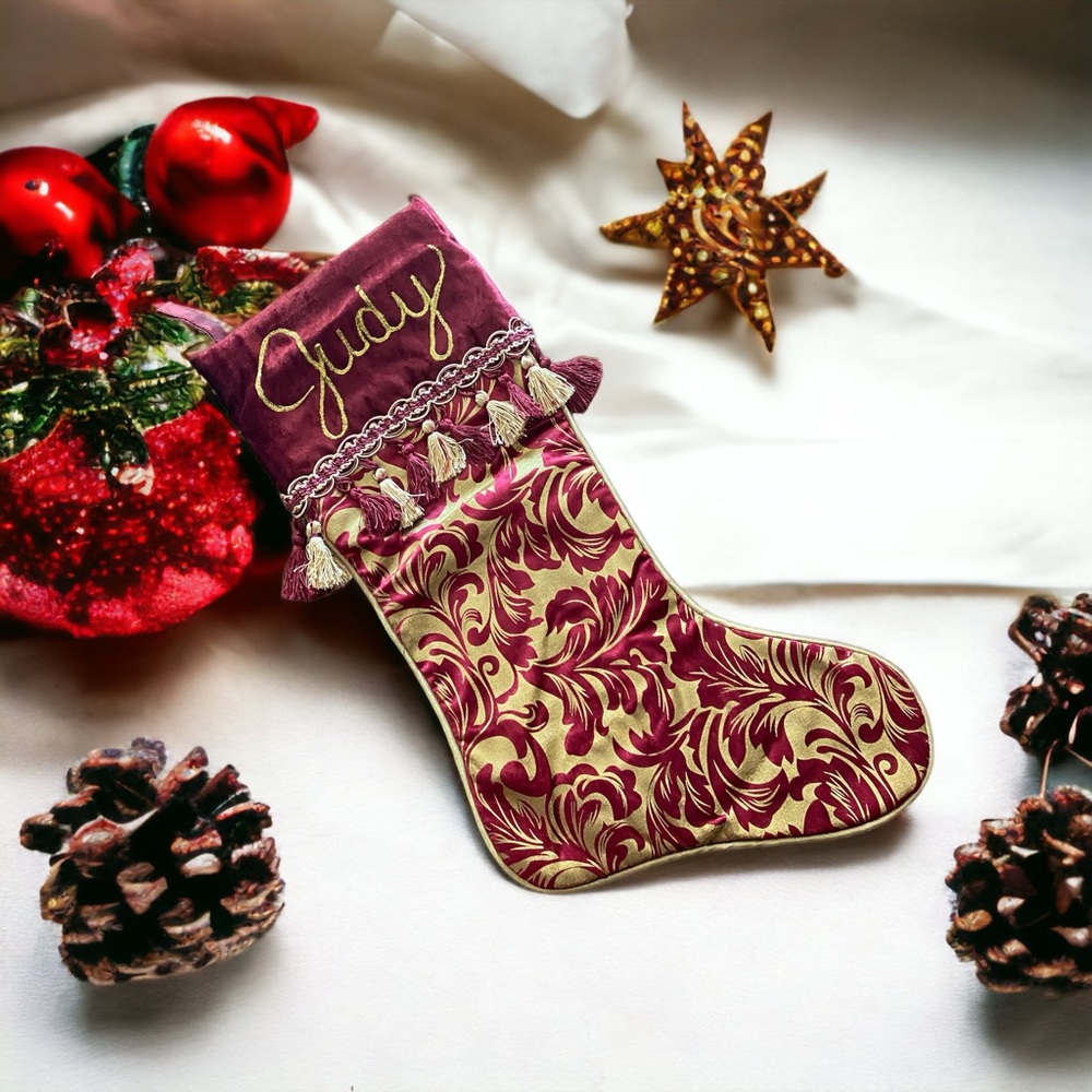 “Judy” Personalized Burgundy Gold Velvet Christmas Stocking Tassel